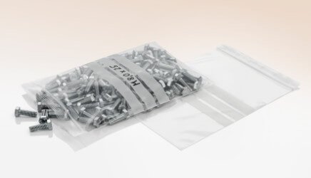 LDPE-Druckverschlussbeutel 50my, 100x150mm, transparent, Stempelfeld, bedruckt mit LDPE-Logo